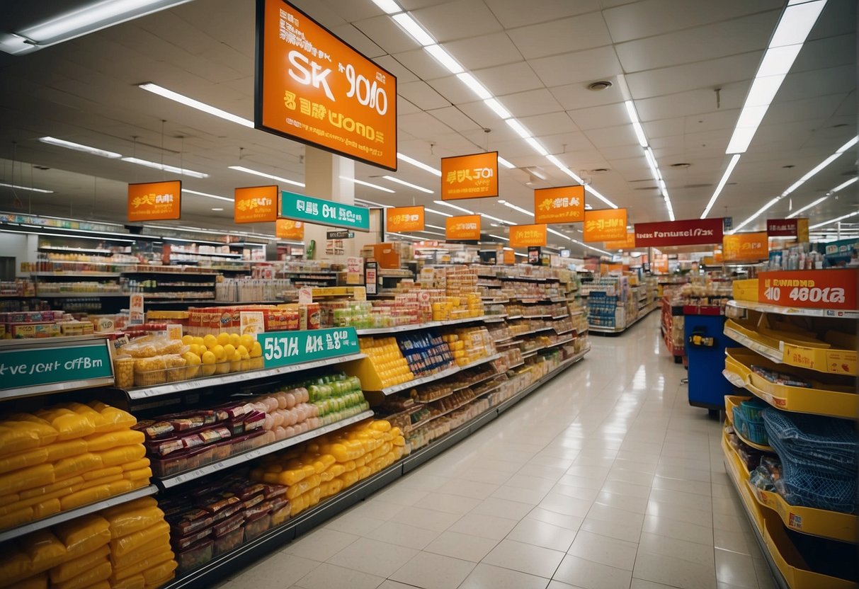 Brightly colored promotional signs fill a bustling Singapore supermarket, showcasing discounts and special offers on a variety of products