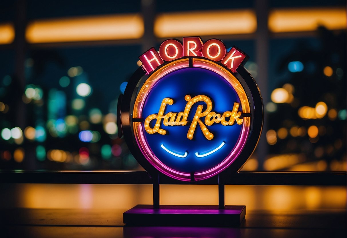 A vibrant cityscape with the iconic Hard Rock Hotel Singapore sign illuminated against the night sky, showcasing exciting promotions and events