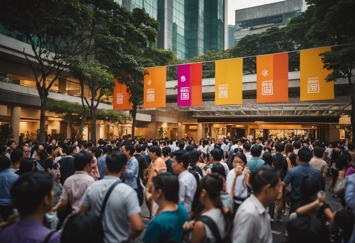 The Sheraton Promotions in Singapore feature colorful banners and signs, bustling crowds, and a vibrant atmosphere