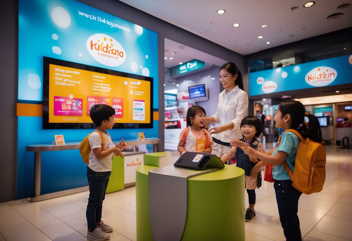 Children excitedly interact with promotional displays at KidZania Singapore, while parents inquire about special offers at the information desk