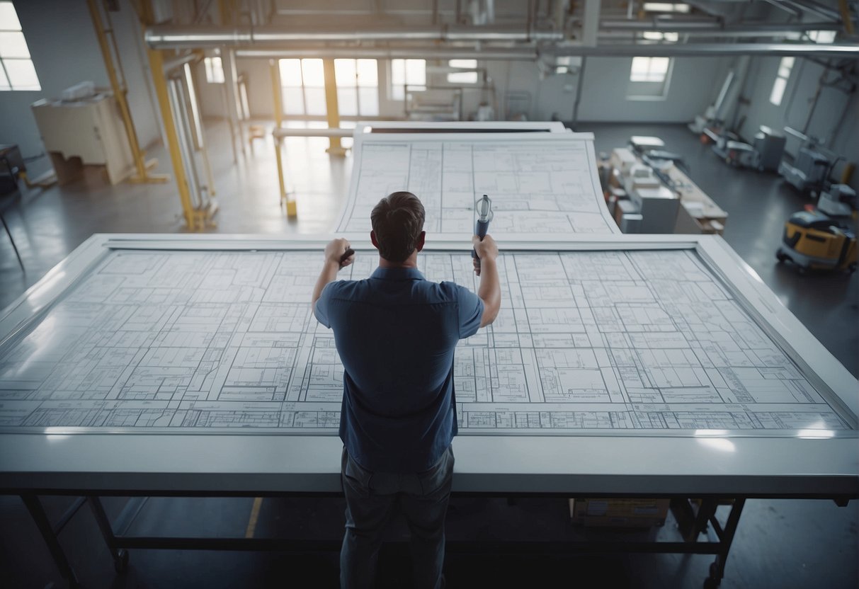 An engineer measures ductwork and calculates load for HVAC system design. Blueprints and equipment specs are spread out on a drafting table