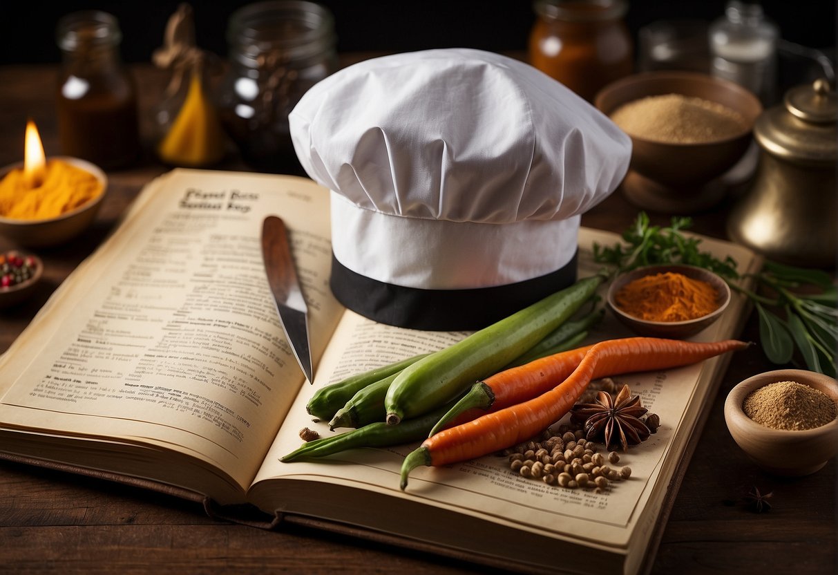 A chef's hat sits atop a vintage recipe book, surrounded by exotic spices and ingredients, with a sign advertising "Secret Recipe Promotions Singapore."
