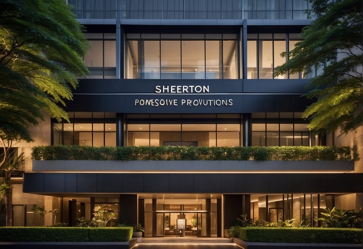2024 Sheraton promotions in Singapore: Luxurious hotel facade with exclusive deals signage and vibrant city backdrop