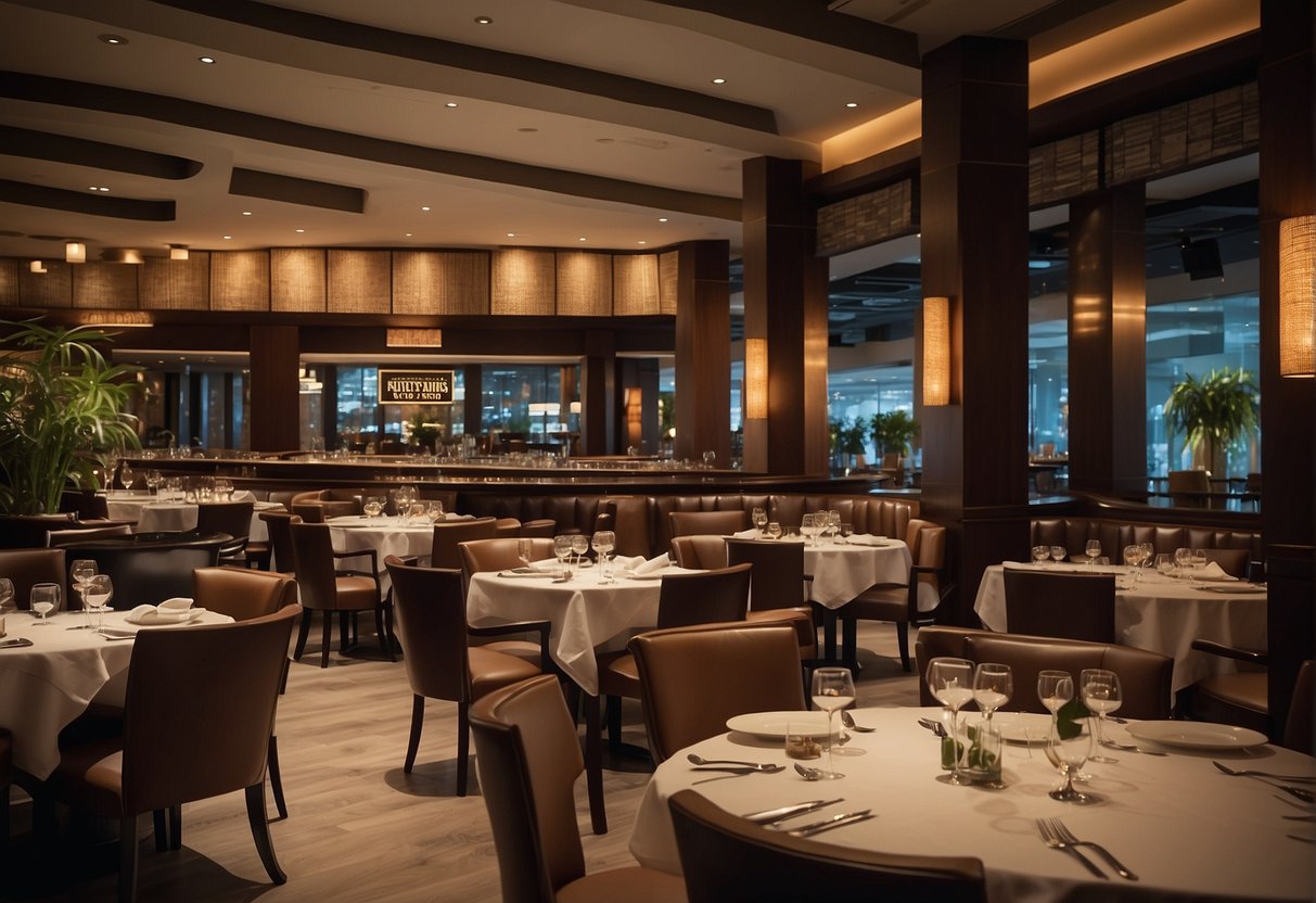 A bustling restaurant with a sign advertising "Frequently Asked Questions" about Ruth's Chris promotions in Singapore. Tables are filled with diners enjoying their meals