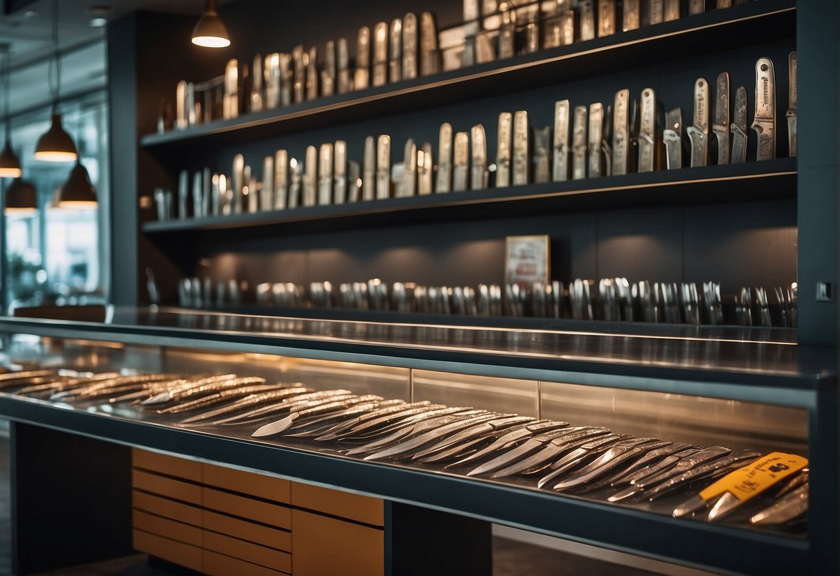 A bright, modern store with shelves of knives and promotional signs in Singapore
