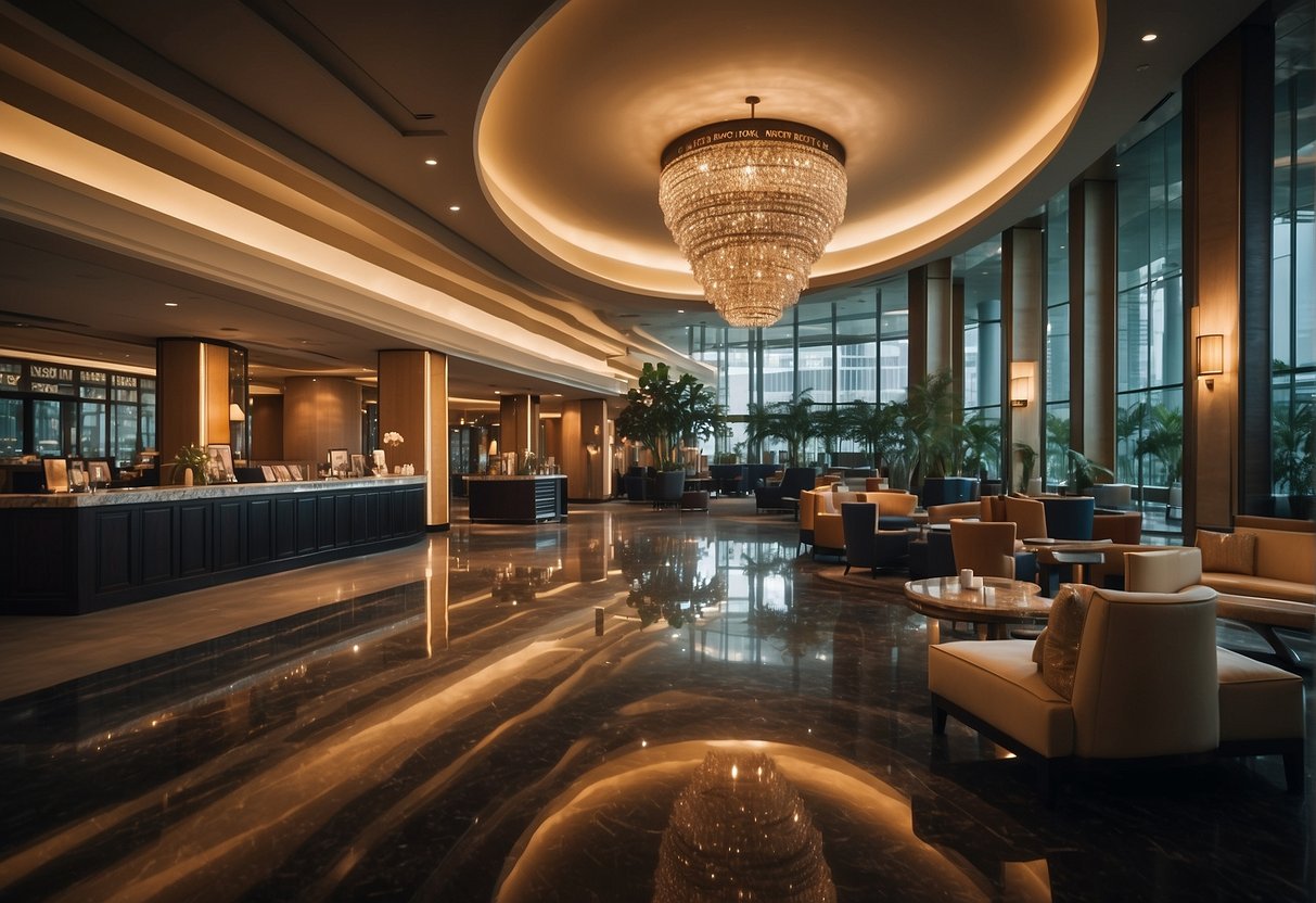 A bustling hotel lobby with a prominent FAQ sign and promotional materials for the Hard Rock Hotel in Singapore