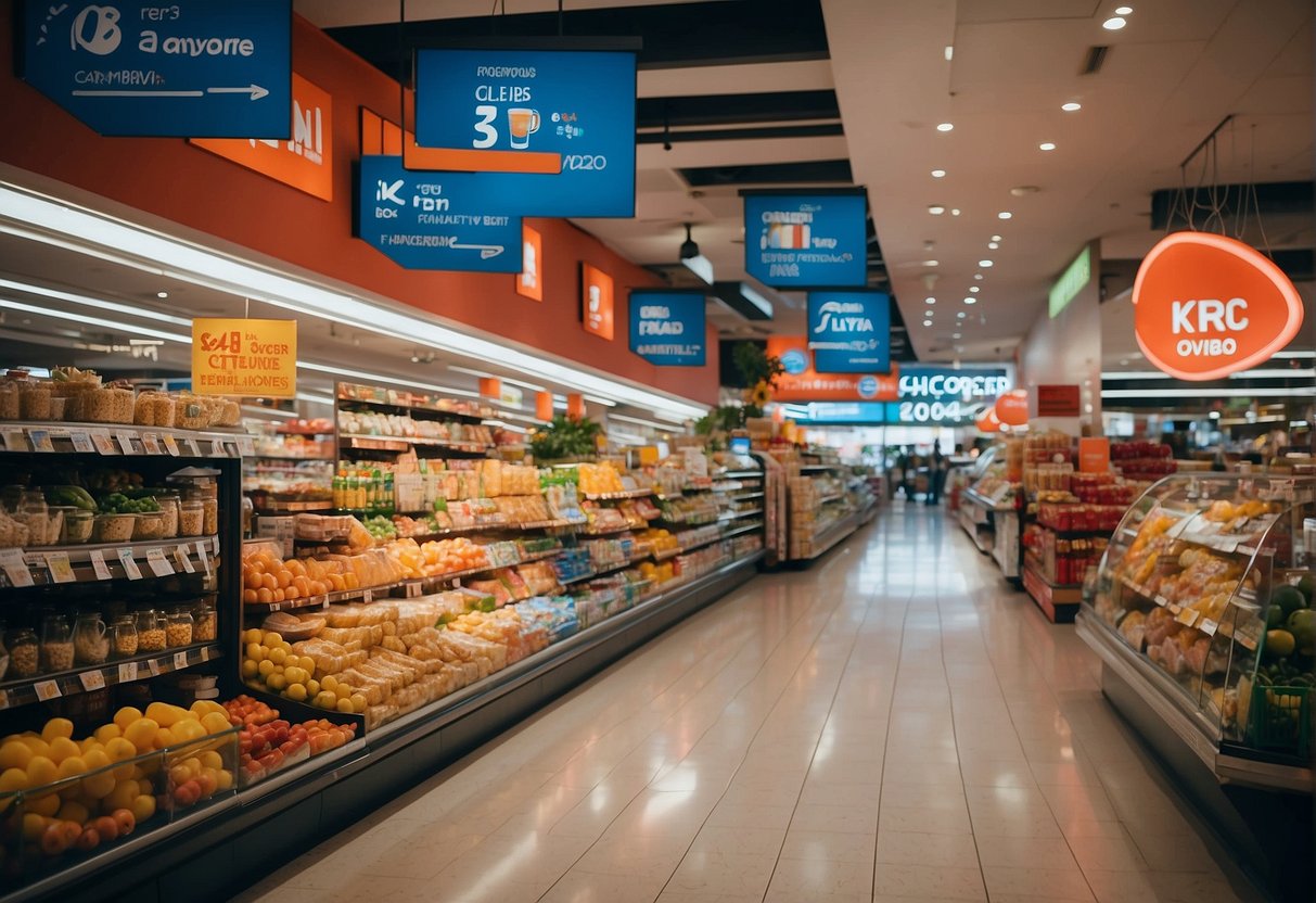 Brightly lit supermarket aisle with "Exclusive 2024 Promotions" signage. Colorful product displays and promotional materials. Singaporean flags and banners
