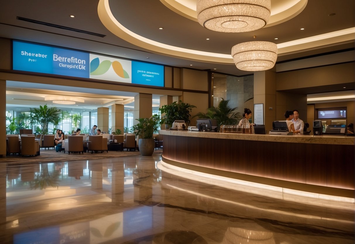 Sheraton promotions in Singapore: A bustling hotel lobby with colorful banners advertising special sales and getaway packages. Customers line up at the front desk