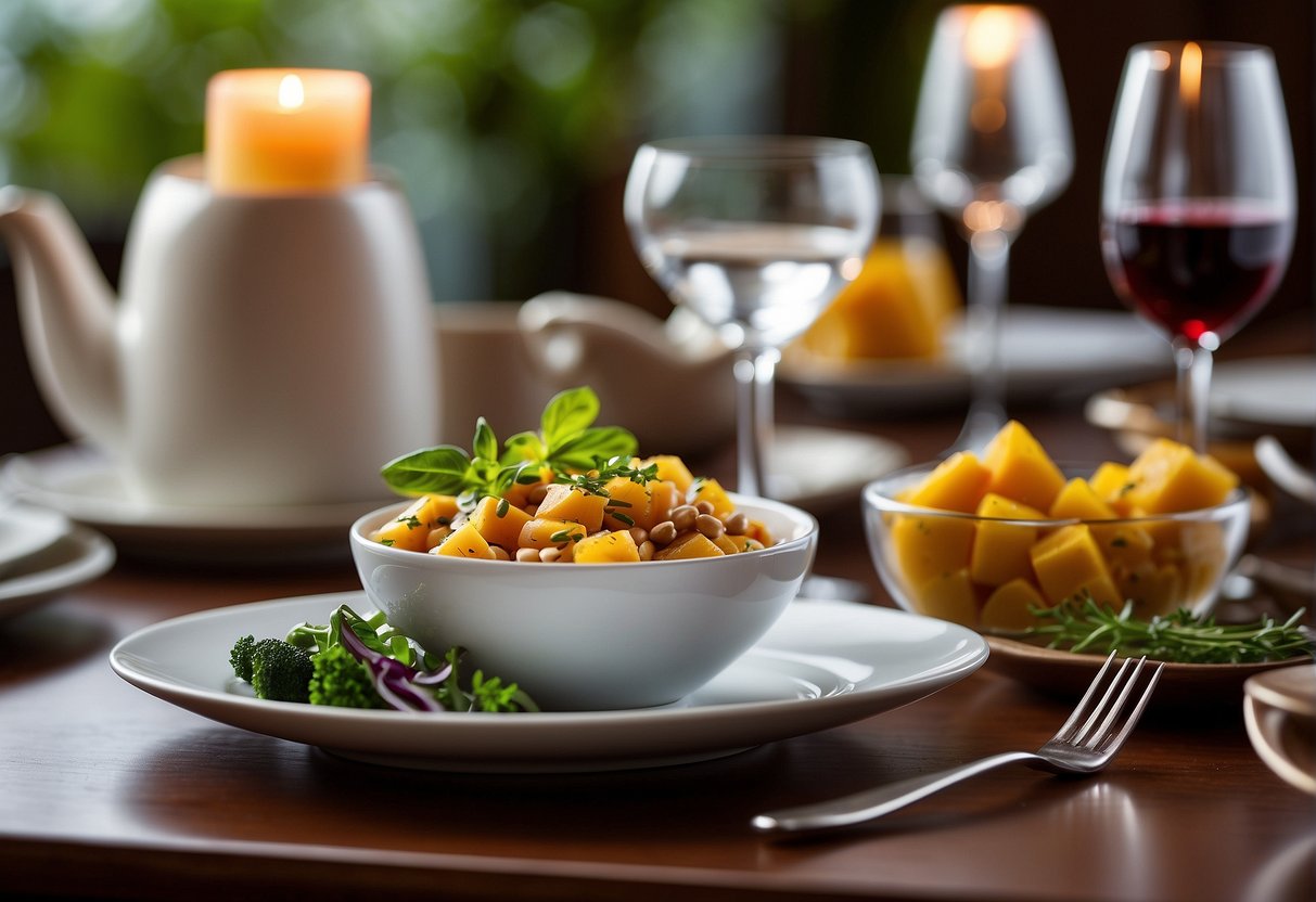 A table set with elegant dinnerware, surrounded by vibrant ingredients and a chef's signature cookbook. A banner proudly displays "Exciting Promotions for Fine Dining Enthusiasts."