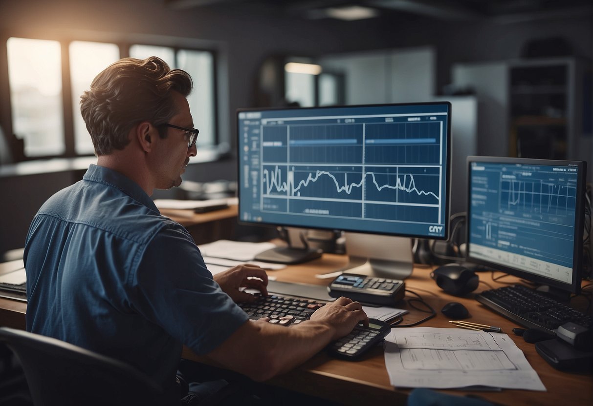 An engineer using a computer to calculate HVAC load, surrounded by blueprints, a calculator, and various measuring tools