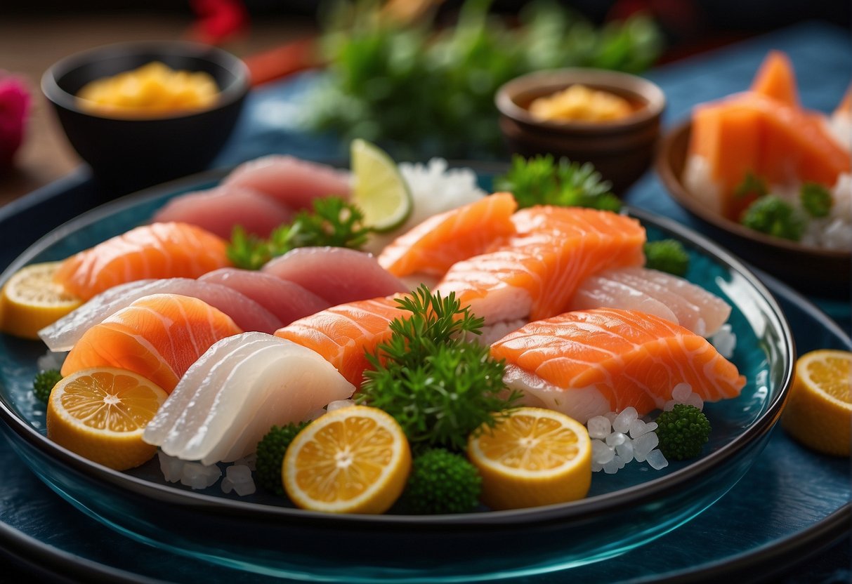 A colorful sashimi buffet spread with various types of fresh fish, neatly arranged on ice beds, surrounded by decorative Japanese-themed tableware