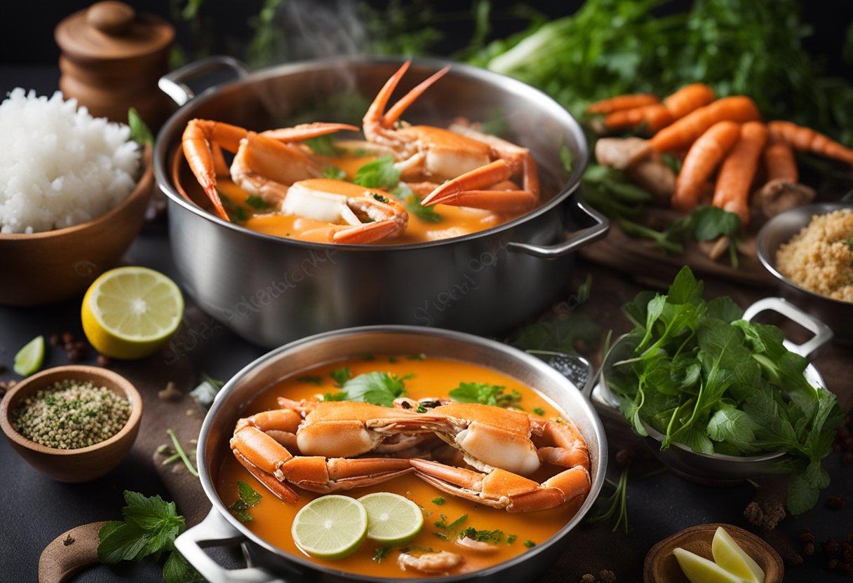 A pot simmering with coconut milk, spices, and crab legs, surrounded by vibrant herbs and vegetables