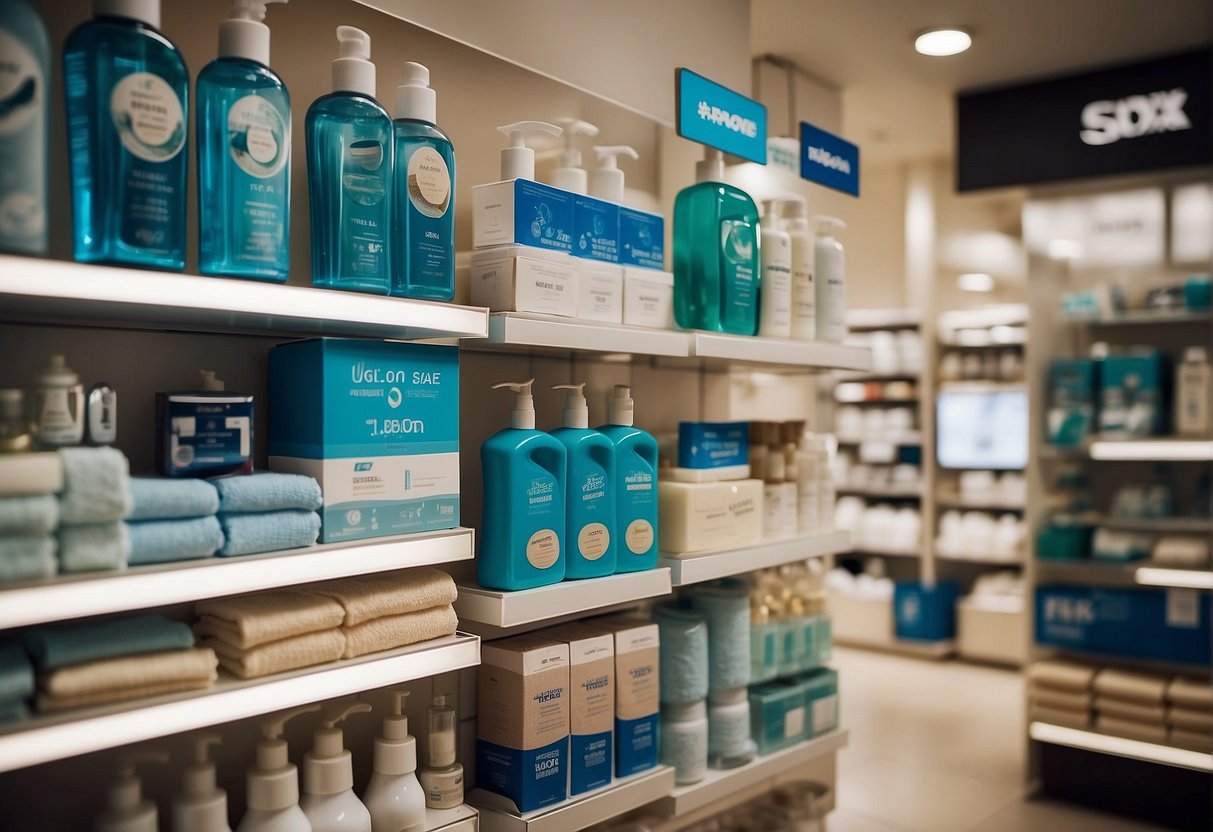 A display of bathroom accessories on sale in a Singaporean store. Shelves are filled with towels, soap dispensers, and other items. A sign advertises promotional prices