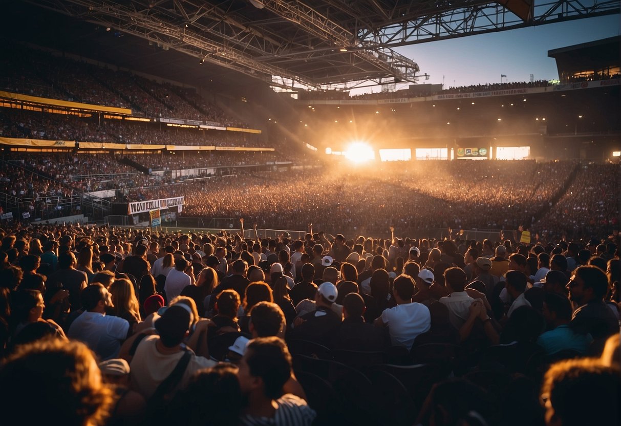 Crowds fill the arena, banners and signs promoting events hang from the rafters, vendors sell merchandise, and music fills the air