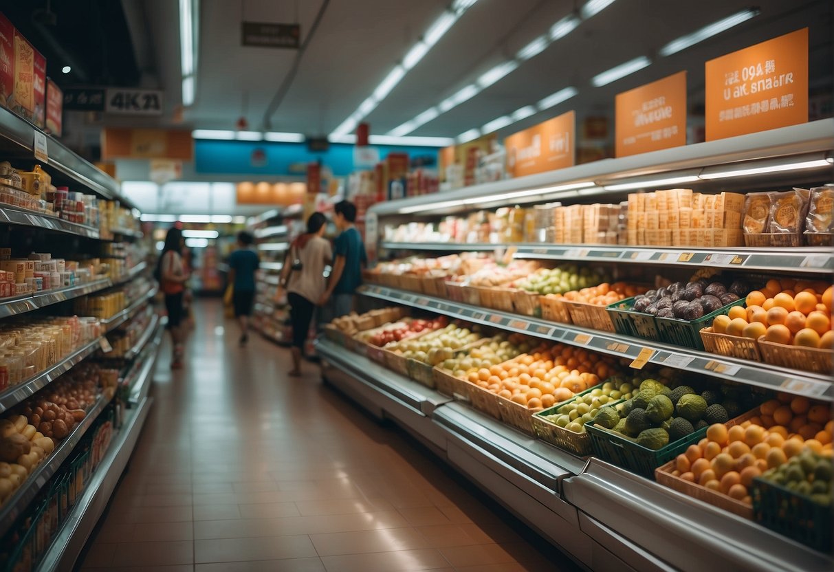 A crowded supermarket aisle with colorful promotional signs and banners, showcasing various products and discounts in Singapore