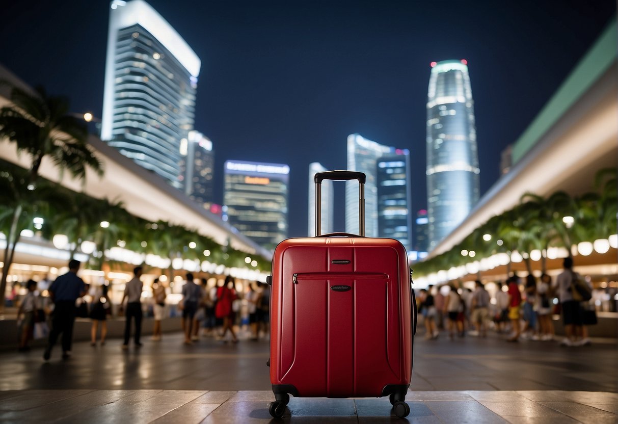 A vibrant Singapore skyline with iconic landmarks, a sleek American Tourister suitcase on display, and a crowd of shoppers enjoying a promotional event