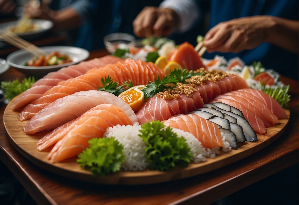 A table overflowing with colorful sashimi platters, surrounded by eager diners at a bustling Singapore restaurant
