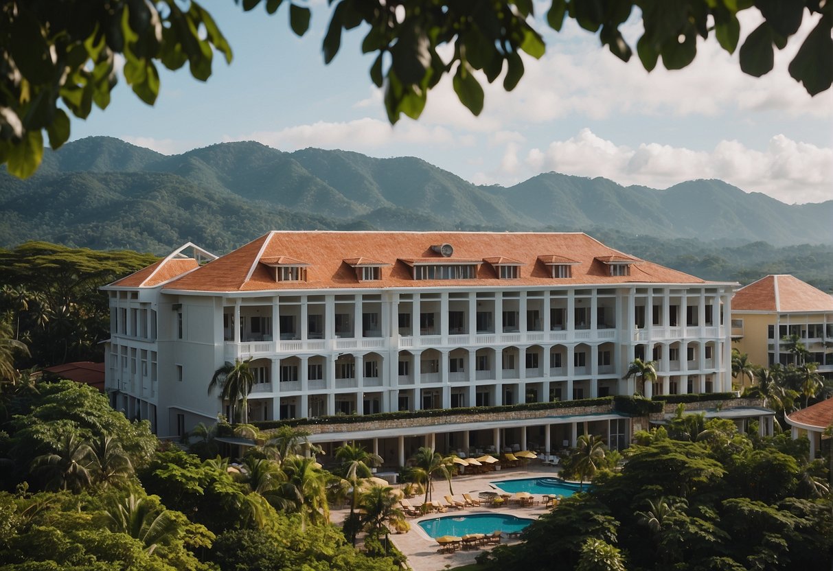 The Bellevue Hotel in Bohol, with a promotional banner, set against the backdrop of the bustling city of Singapore