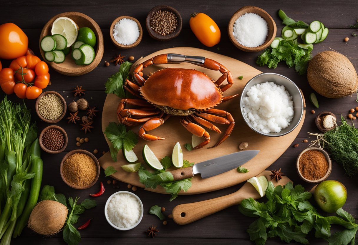 A wooden cutting board with freshly caught crabs, spices, and vegetables arranged around a mortar and pestle. A chef's knife and coconut milk sit nearby