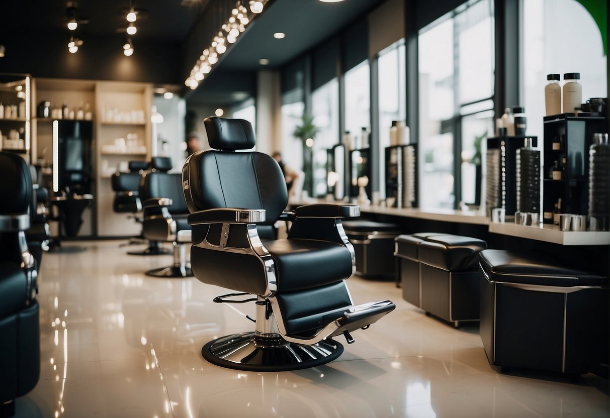 A salon chair with balayage tools and products displayed, surrounded by promotional signage in a modern Singaporean salon