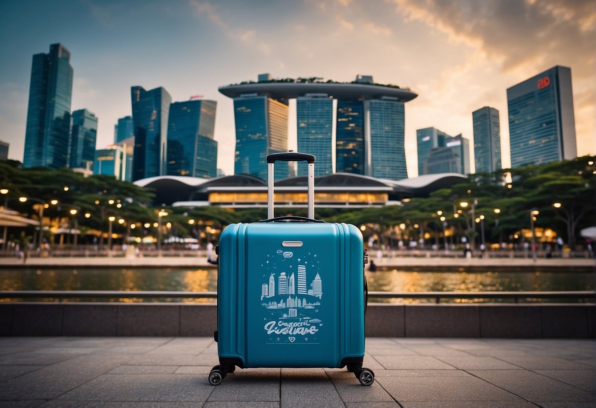 A vibrant cityscape with iconic Singapore landmarks, featuring American Tourister luggage and promotional banners for the 2024 event
