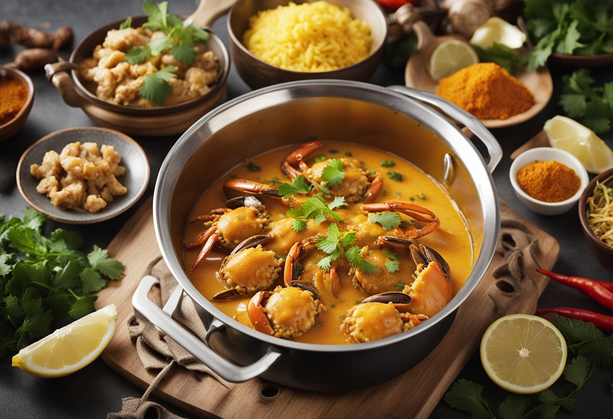 A pot simmers with fragrant curry sauce, while whole crabs are added and stirred in. A medley of spices and herbs scatter around the kitchen