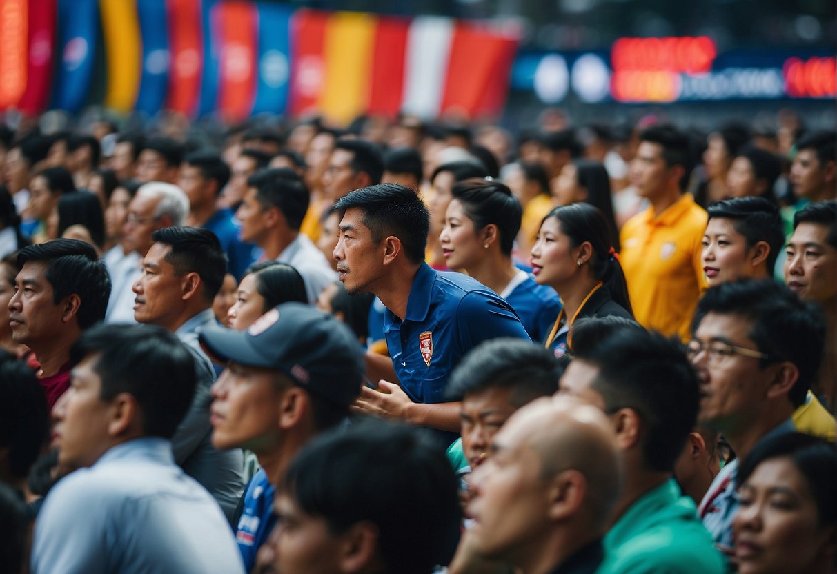 A crowded sports arena in Singapore with colorful promotions and banners displayed throughout