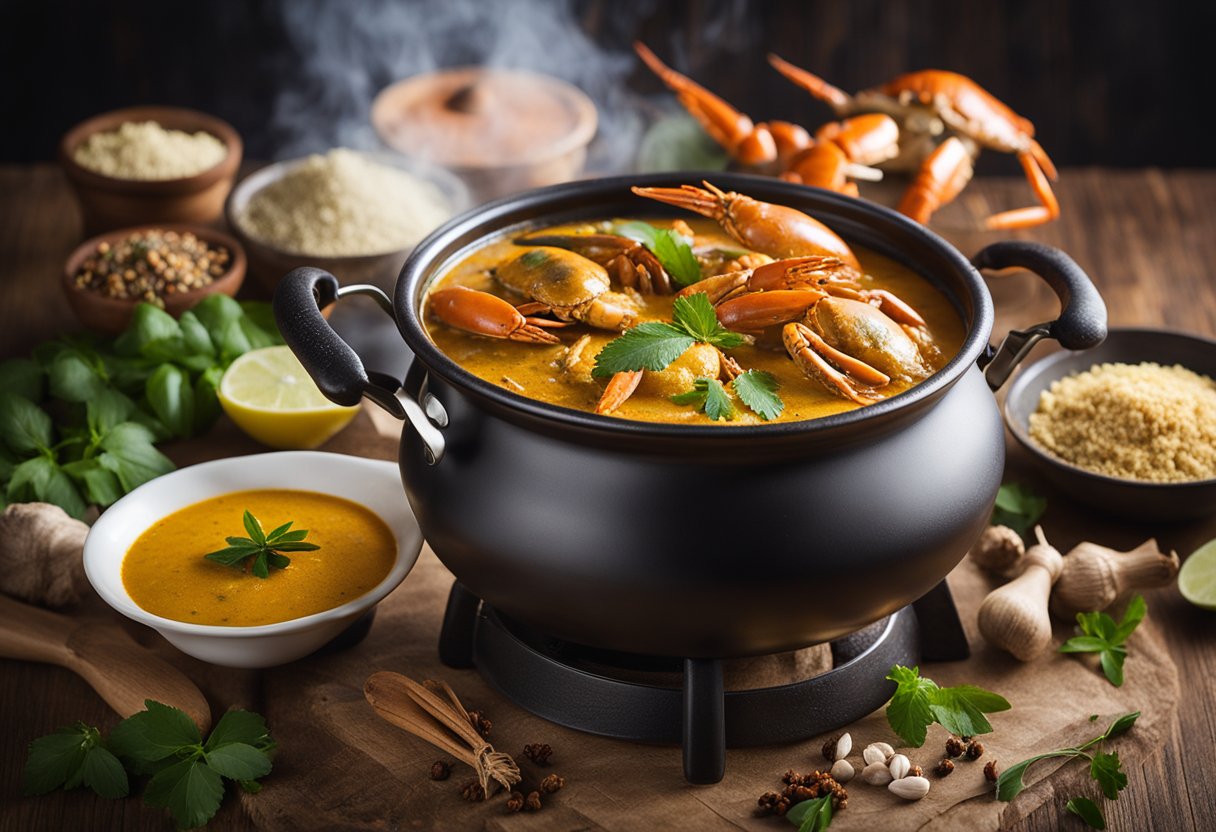 A steaming pot of fragrant crab curry surrounded by colorful spices and herbs on a rustic wooden table