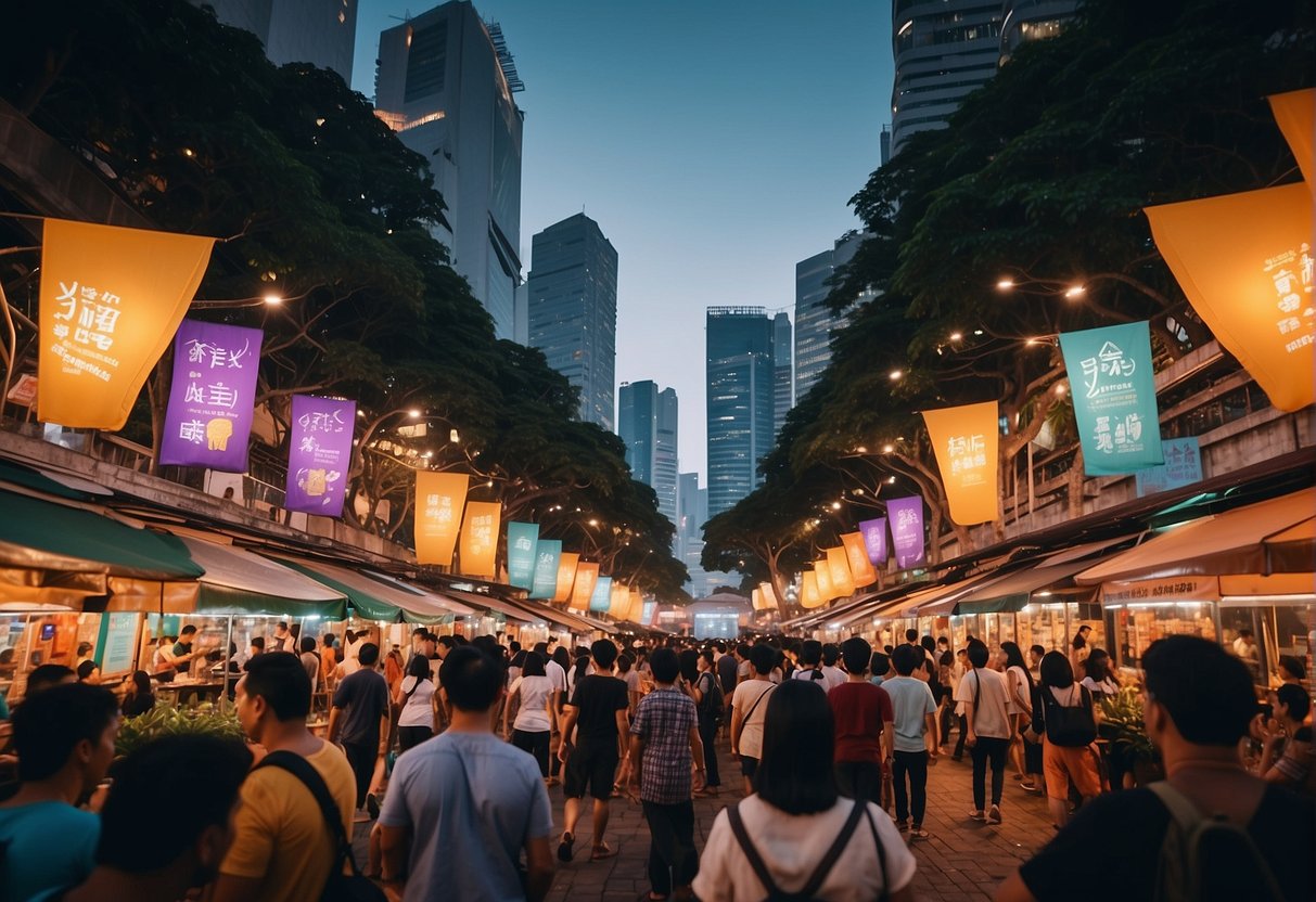 A bustling Singapore street with colorful banners advertising Skillshare promotions, surrounded by bustling crowds and vibrant city lights