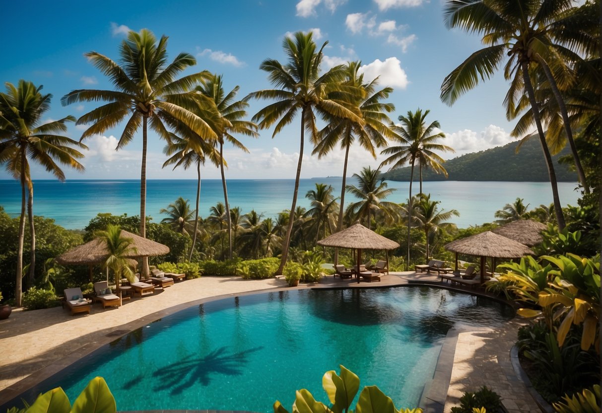 A tropical beach with clear blue waters, palm trees swaying in the breeze, and a luxurious hotel nestled among lush greenery. A promotional banner with the words "Latest Exciting Promotions for Your Getaway to Bohol Bellevue Hotel Bohol