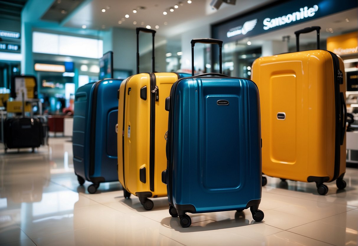 A display of Samsonite and American Tourister suitcases with promotional signage in a Singapore store