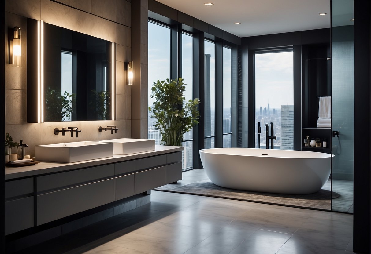 A modern bathroom with sleek, stylish accessories on display. Bold signage advertises the latest promotions in a clean, well-lit setting