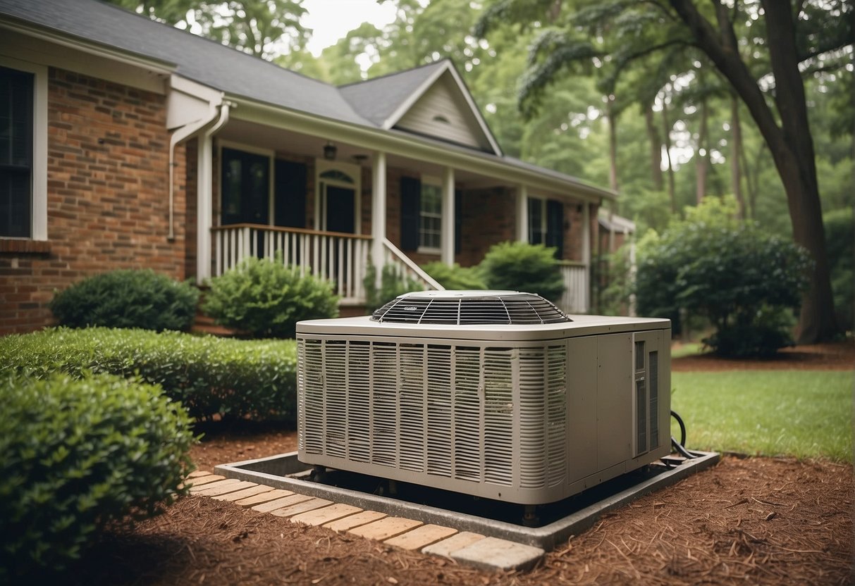 A suburban Kennesaw home with a split-level design, surrounded by trees, with an HVAC unit and ductwork visible on the exterior