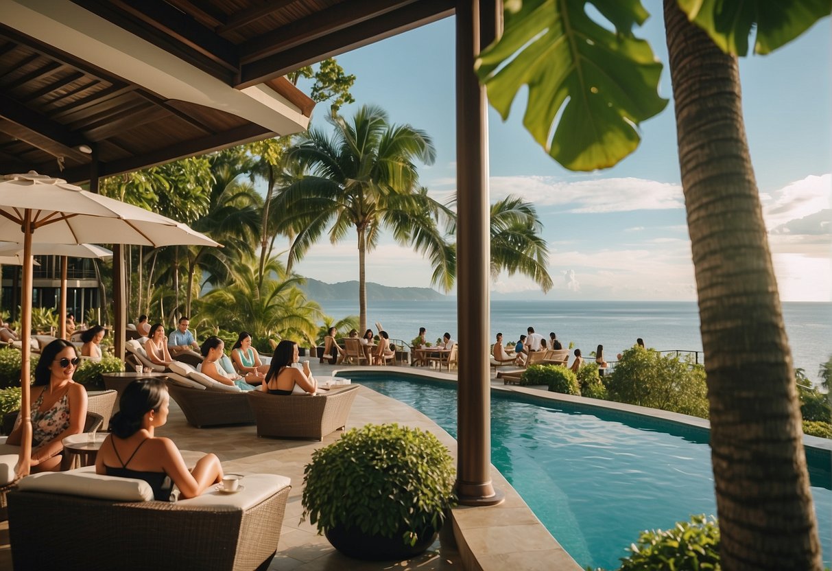 Guests enjoying the pool, beach, and spa at Bellevue Hotel Bohol, with a backdrop of lush greenery and modern amenities