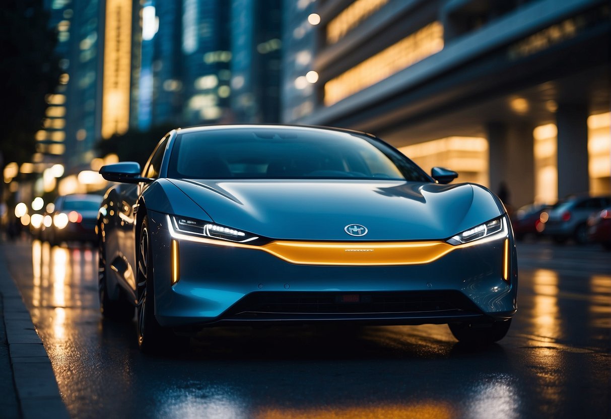 A sleek electric vehicle sits center stage surrounded by futuristic cityscape and glowing promotional signs in Singapore