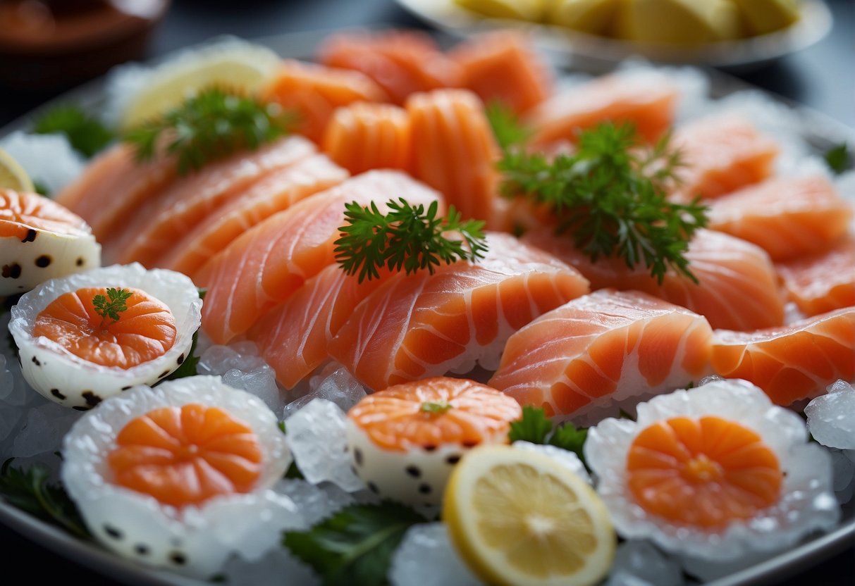 An elegant sashimi buffet spread with a variety of fresh, colorful slices of fish and seafood arranged neatly on a bed of ice