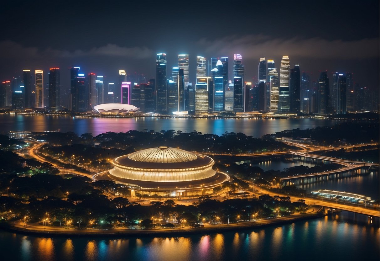 A bustling city skyline with iconic landmarks, surrounded by vibrant lights and signs advertising exclusive travel and entertainment deals at the arena in Singapore