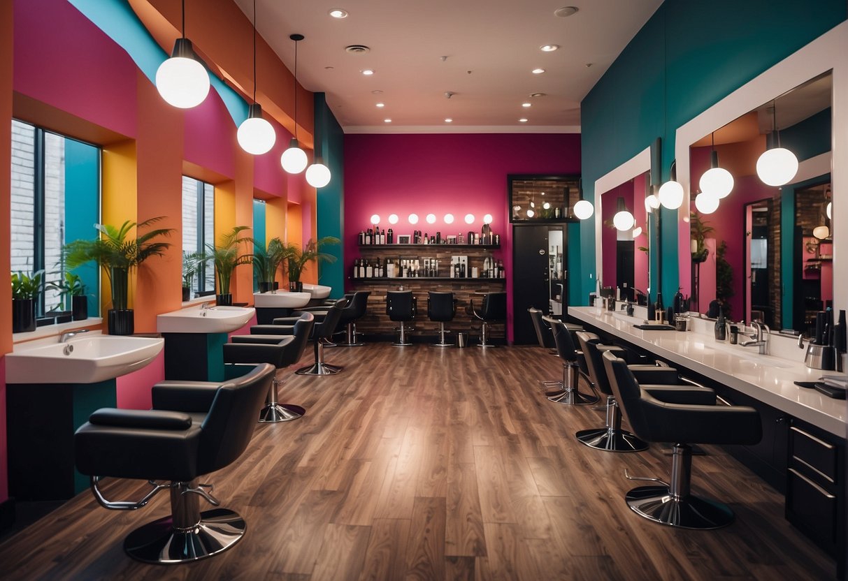 Vibrant salon interior with colorful balayage hair displays, promotional signage, and happy customers