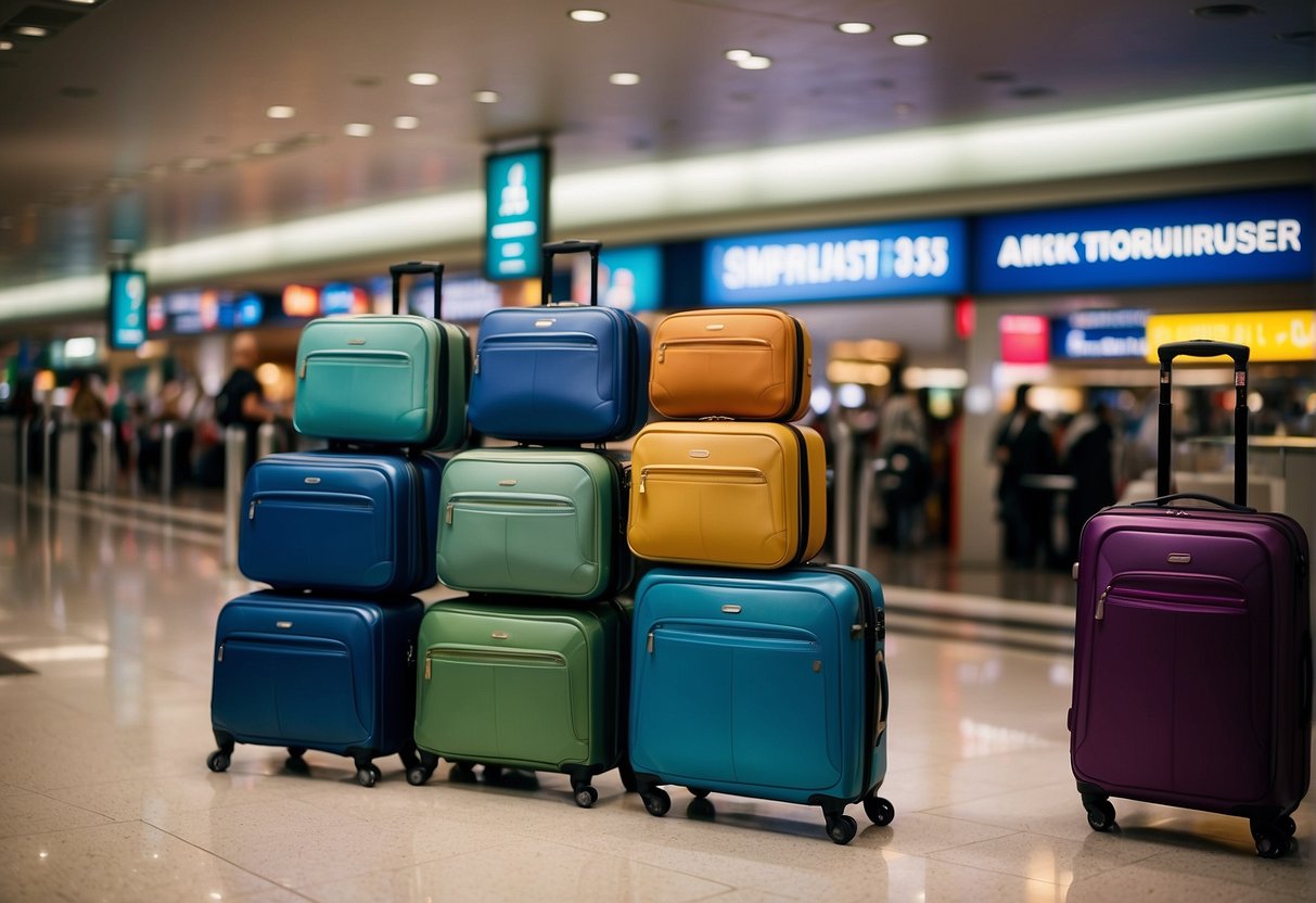 A colorful display of American Tourister suitcases with promotional signage in a busy Singapore airport