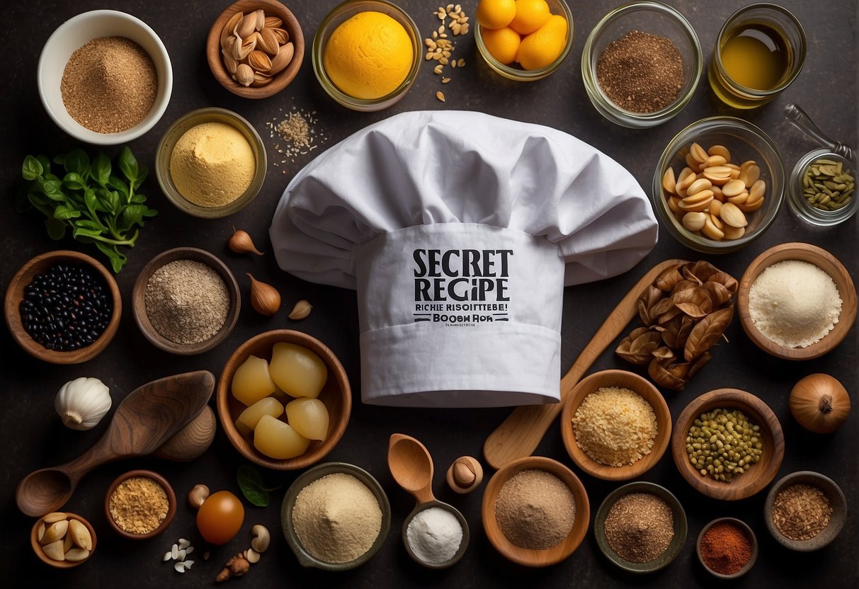 A chef's hat and apron surrounded by various cooking ingredients and utensils, with a sign promoting secret recipe promotions in Singapore
