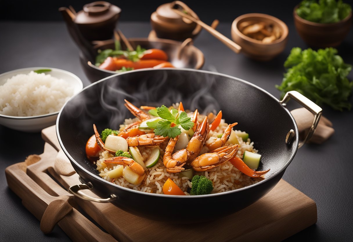 A sizzling wok tosses crab, rice, and vegetables in a fragrant blend of soy sauce and spices, creating a mouthwatering aroma