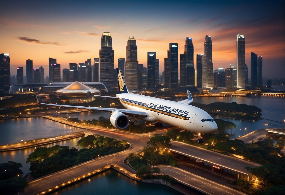 A vibrant Singapore Airlines promotion display with iconic landmarks and attractive travel deals