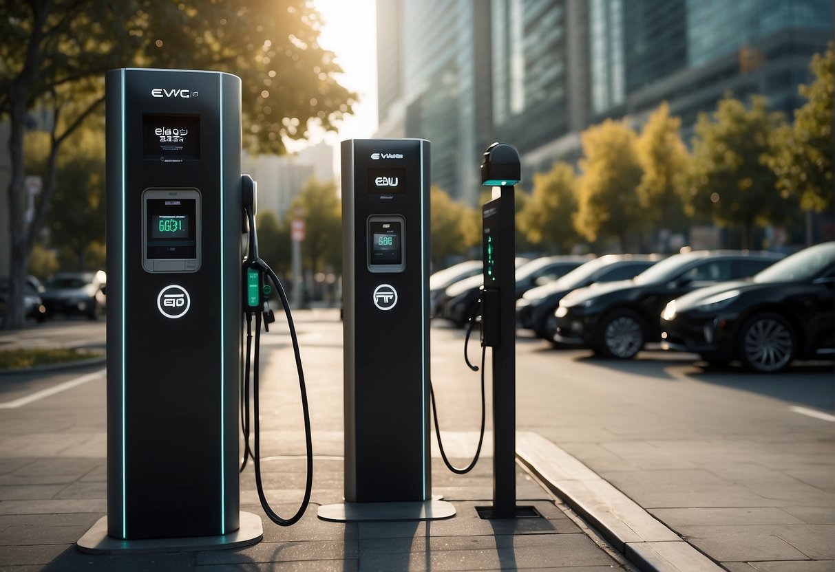 A sleek electric vehicle charging station surrounded by modern cityscape with prominent EV service branding