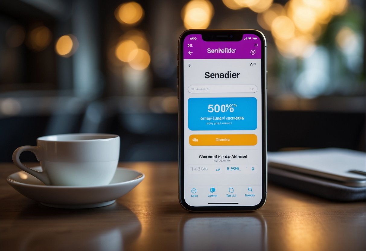 A smartphone displaying the Sendhelper app with a prominent "Discounts" banner. Bright, eye-catching colors and clear, easy-to-read text