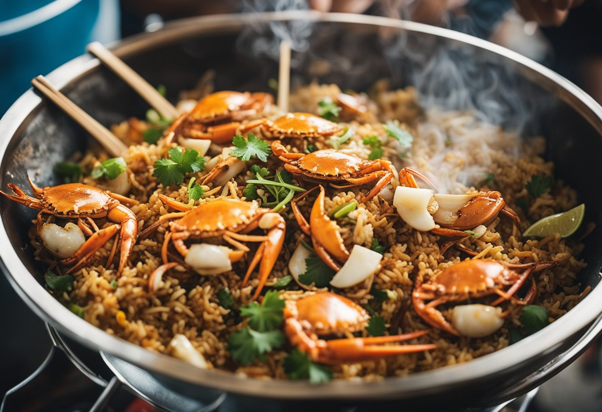 A sizzling wok tosses together crab, rice, and aromatic spices, filling the air with the rich, savory scent of Bangkok street food