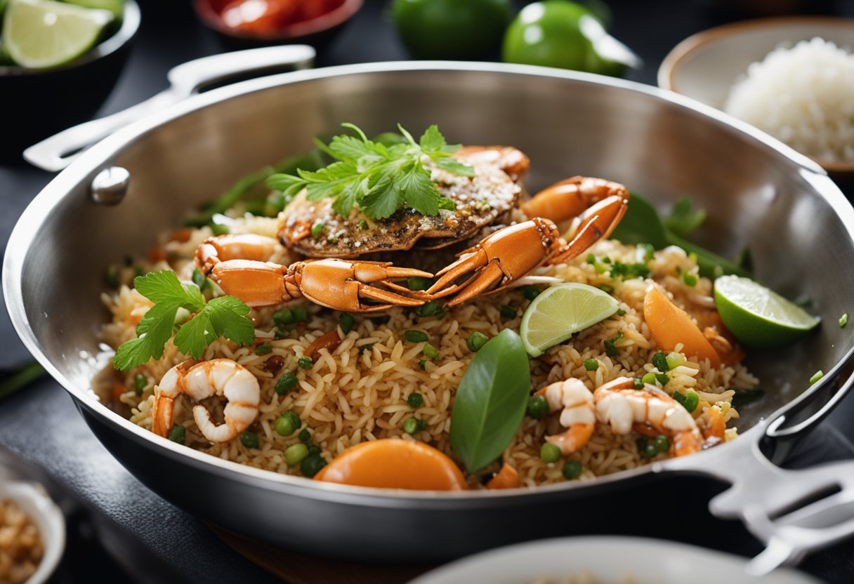 A sizzling wok tosses crab, rice, and fragrant spices in a bustling Bangkok kitchen. A chef expertly garnishes the dish with fresh herbs and a squeeze of lime