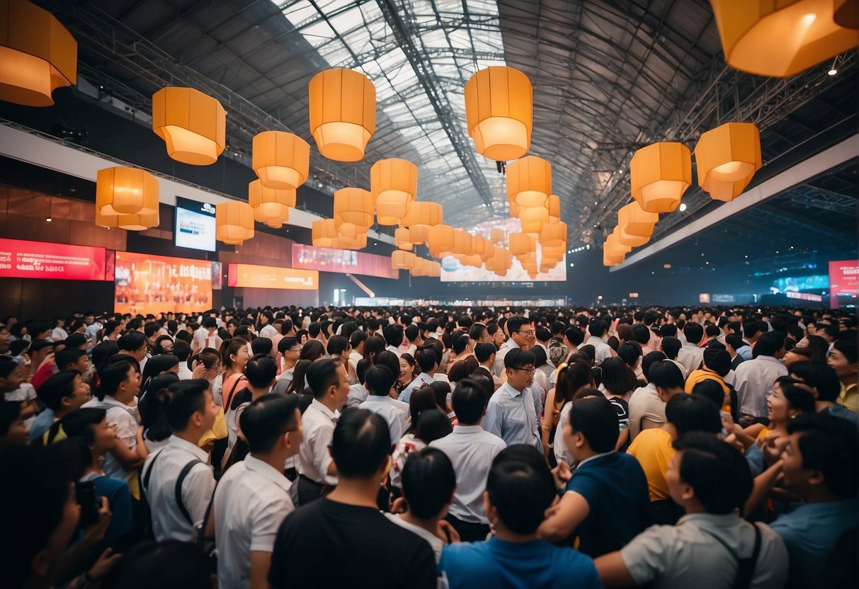 A bustling arena with colorful banners, interactive booths, and enthusiastic crowds at a Singapore promotions event