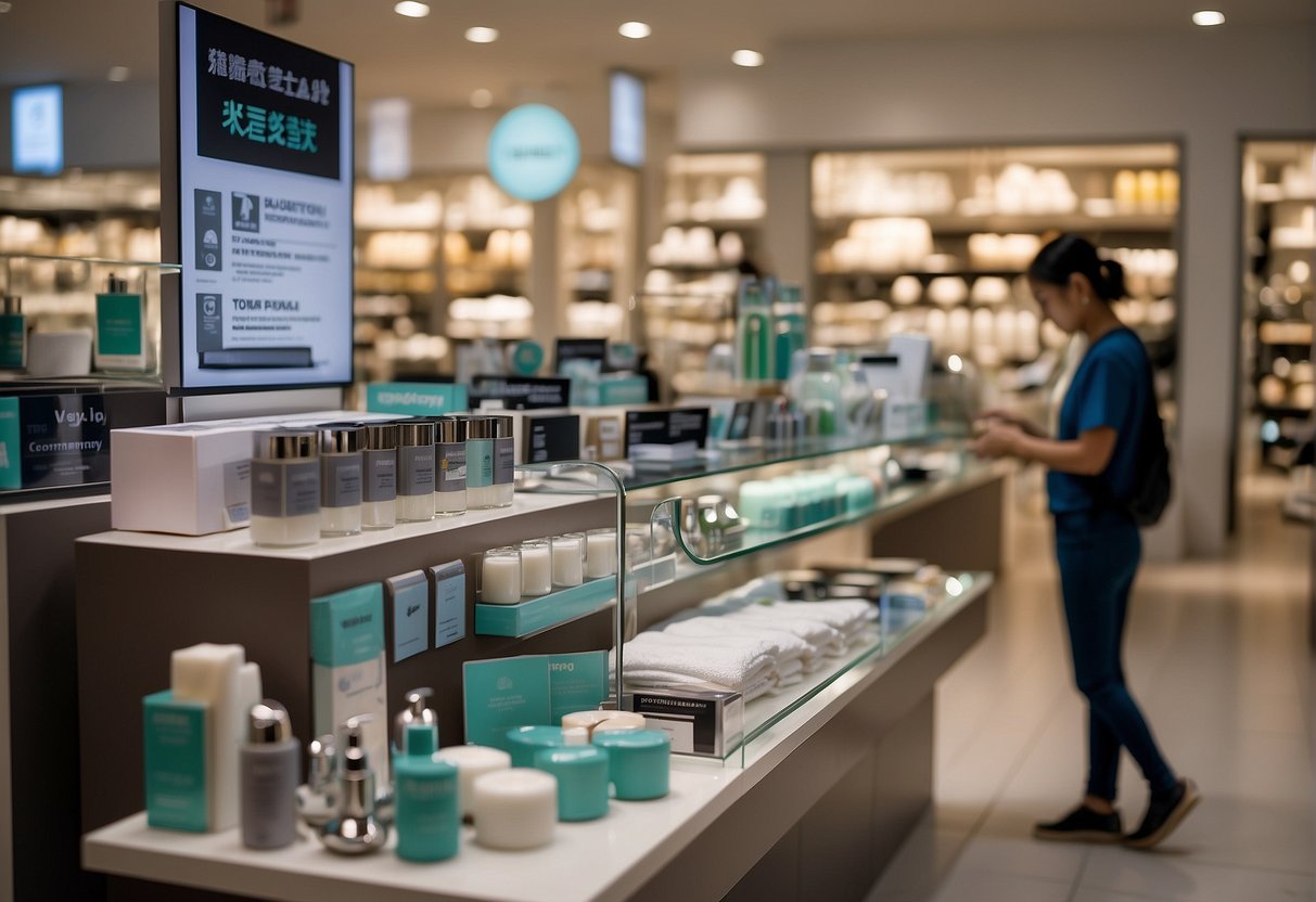 A display of bathroom accessories with promotional signage in a Singaporean store, showcasing the company's customer care commitments
