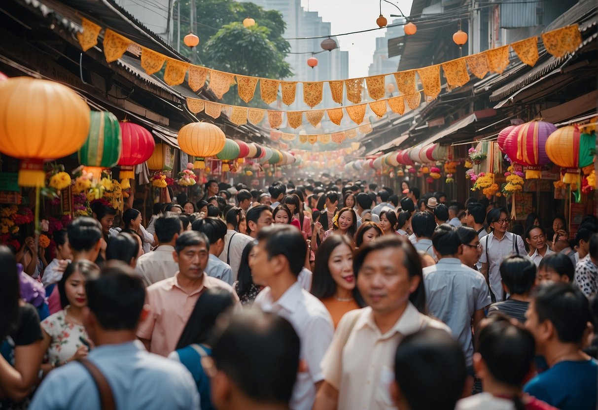 A vibrant marketplace with colorful banners and bustling crowds in Southeast Asia, showcasing the excitement of the sendhelper promotions in Singapore