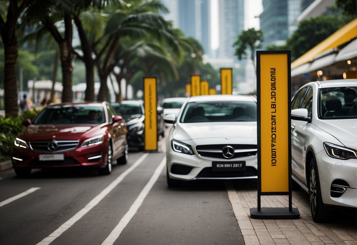 A line of cars waits at a promotional event in Singapore. Bright banners and signs advertise the event, drawing in potential customers
